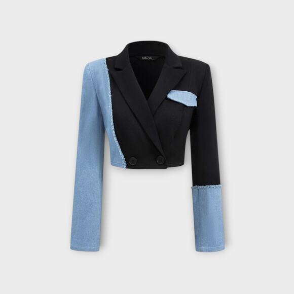 Color Block Patchwork Denim Notched Lapel Blazer & Skirt Set – Micas XL - Picture 2 of 8